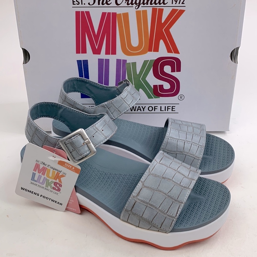 Muk Luks Sandals Dusty Blue Size 8 Adjustable strap textured Non-skid New